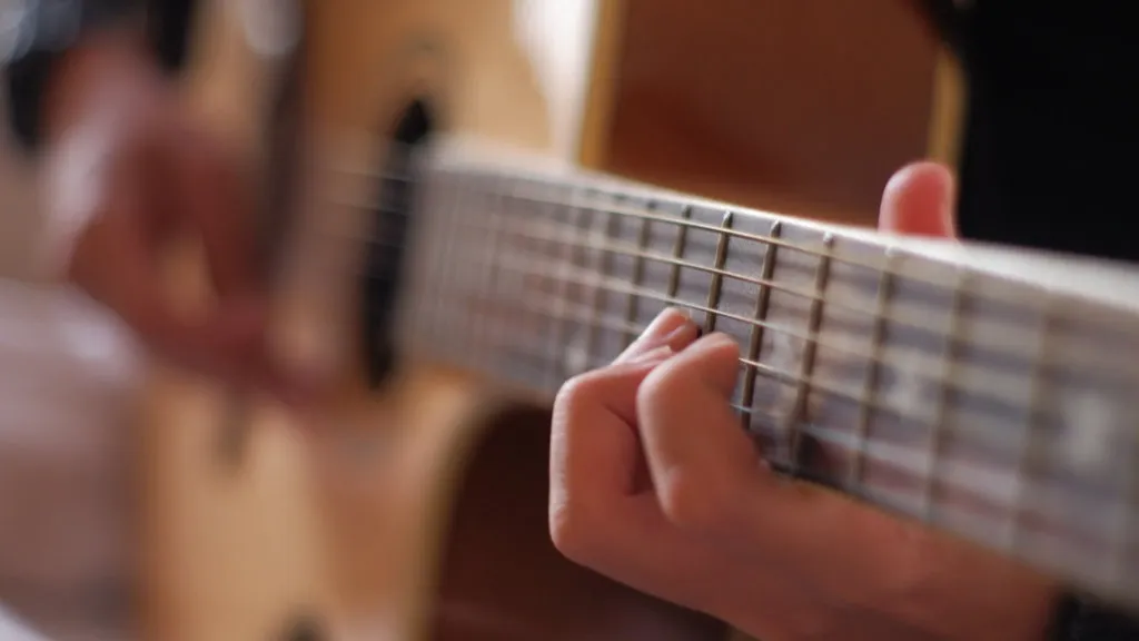 Close up of hands playing guitar