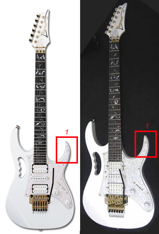 Two pictures of the front of Ibanez Jem guitars showing differences between real and fake